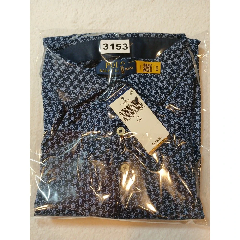 NWT Polo Ralph Lauren Mens Large L Navy Blue Geometric Micro Print Polo Shirt